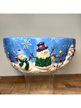 St. Nicholas Square Button Up Snowman Bowl 10'' Winter Christmas Ceramic Large